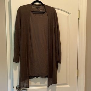 Eileen Fisher tunic short sleeve with sheer sweater. Olive green.